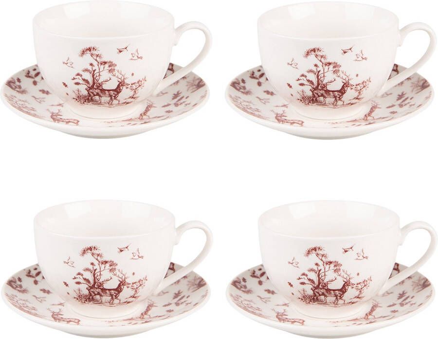 HAES deco Kop en Schotel set van 4 inhoud 200 ml kleuren Beige Rood Bedrukt Porselein met Rendieren en Bomen Theeservies Koffieservies Kerstservies Theekoppen Koffiekoppen