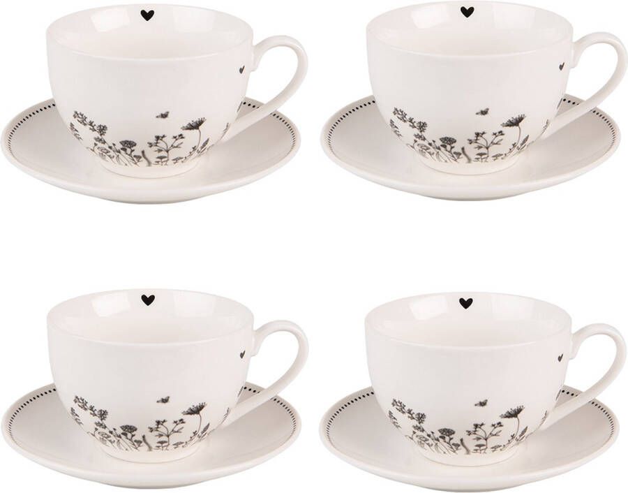 HAES deco Kop en Schotel set van 4 inhoud 200 ml kleuren Beige Zwart Wit Bedrukt Porselein met Bloemen Theeservies Koffieservies Theekoppen Koffiekoppen Cappuccino