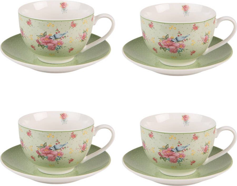 HAES deco Kop en Schotel set van 4 inhoud 200 ml kleuren Groen Beige Roze Bedrukt Porselein met Bloemen Theeservies Koffieservies Theekoppen Koffiekoppen Cappuccino