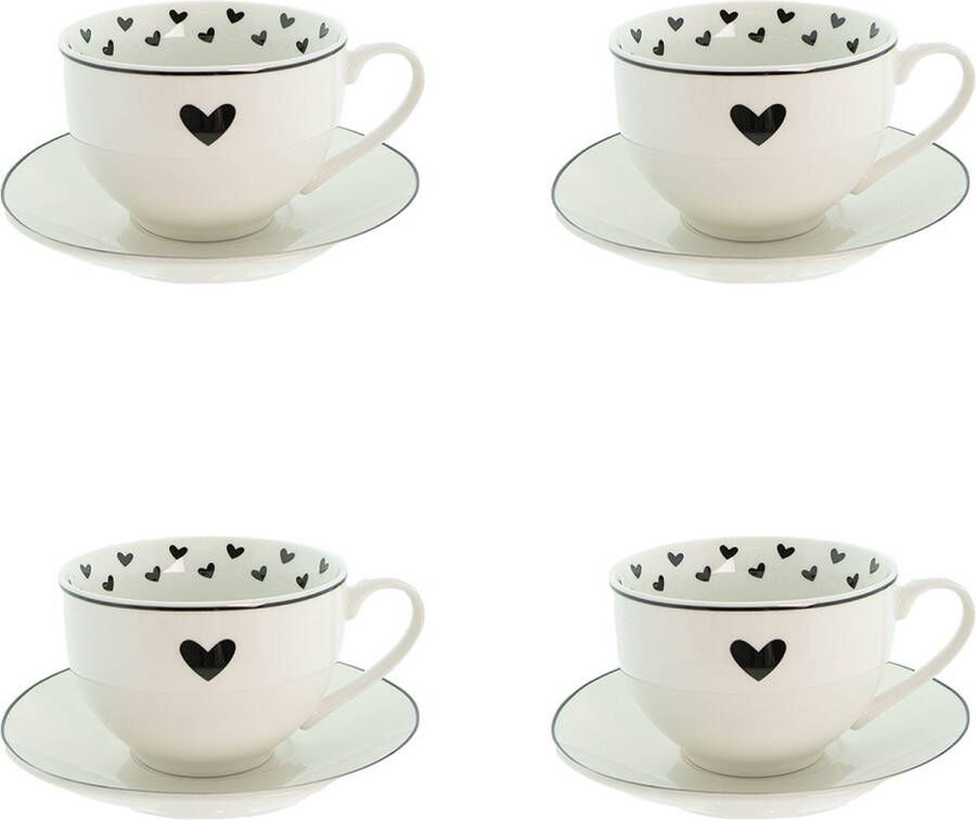 HAES deco Kop en Schotel set van 4 inhoud 220 ml kleuren Wit Zwart Bedrukt Porselein met Hartjes Theeservies Koffieservies Theekoppen Koffiekoppen Cappuccino