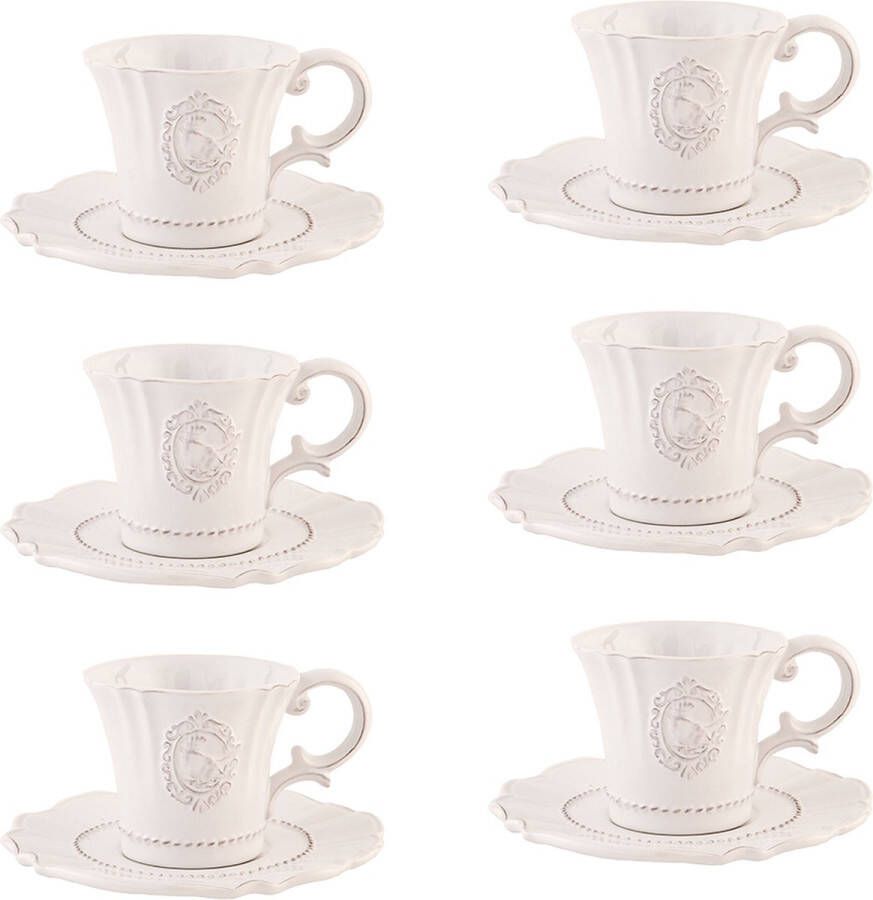 HAES deco Kop en Schotel set van 6 inhoud 125 ml kleuren Wit Beige Bedrukt Keramiek met Vogel Theeservies Koffieservies Theekoppen Koffiekoppen Cappuccino