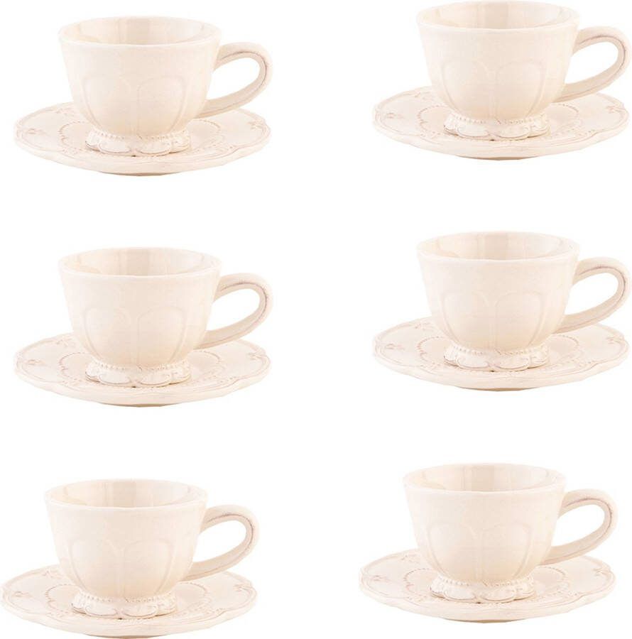 HAES deco Kop en Schotel set van 6 inhoud 150 ml kleur Beige Keramiek Theeservies Koffieservies Theekoppen Koffiekoppen