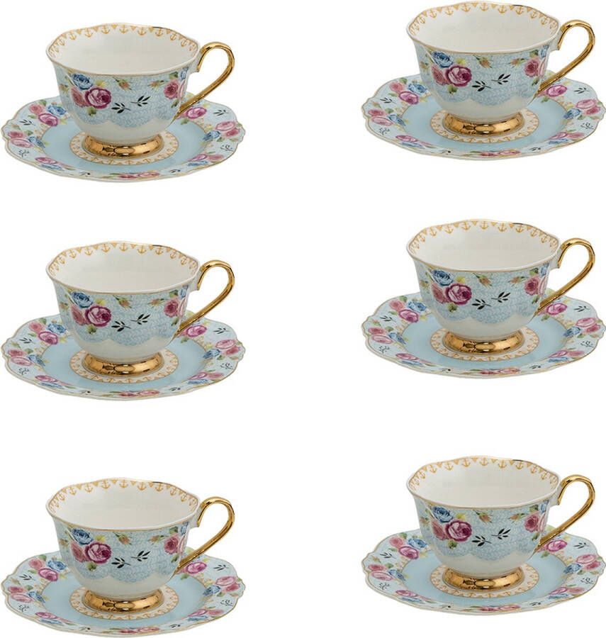 HAES deco Kop en Schotel set van 6 inhoud 160 ml kleuren Blauw Wit Roze Goudkleurig Bedrukt Porselein met Bloemen Theeservies Koffieservies Theekoppen Koffiekoppen Cappuccino