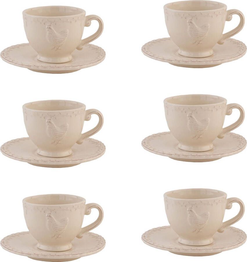 HAES deco Kop en Schotel set van 6 inhoud 200 ml kleur Beige Bedrukt Keramiek met Kip Theeservies Koffieservies Theekoppen Koffiekoppen Cappuccino