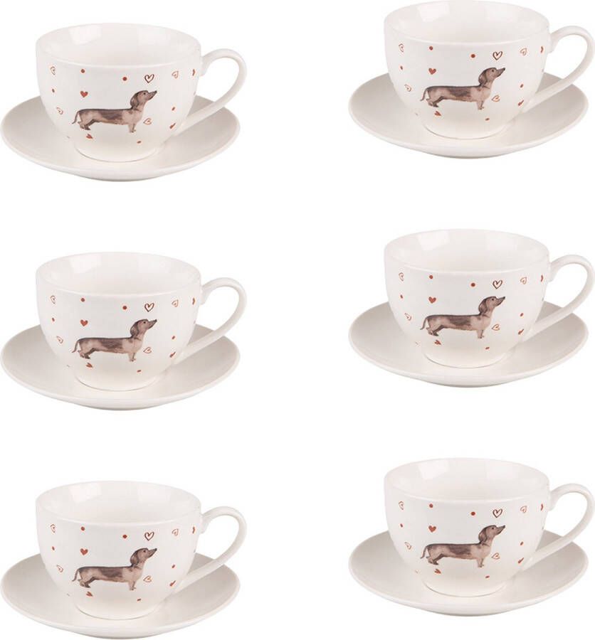 HAES deco Kop en Schotel set van 6 inhoud 200 ml kleuren Beige Bruin Bedrukt Porselein met Teckel Theeservies Koffieservies Theekoppen Koffiekoppen