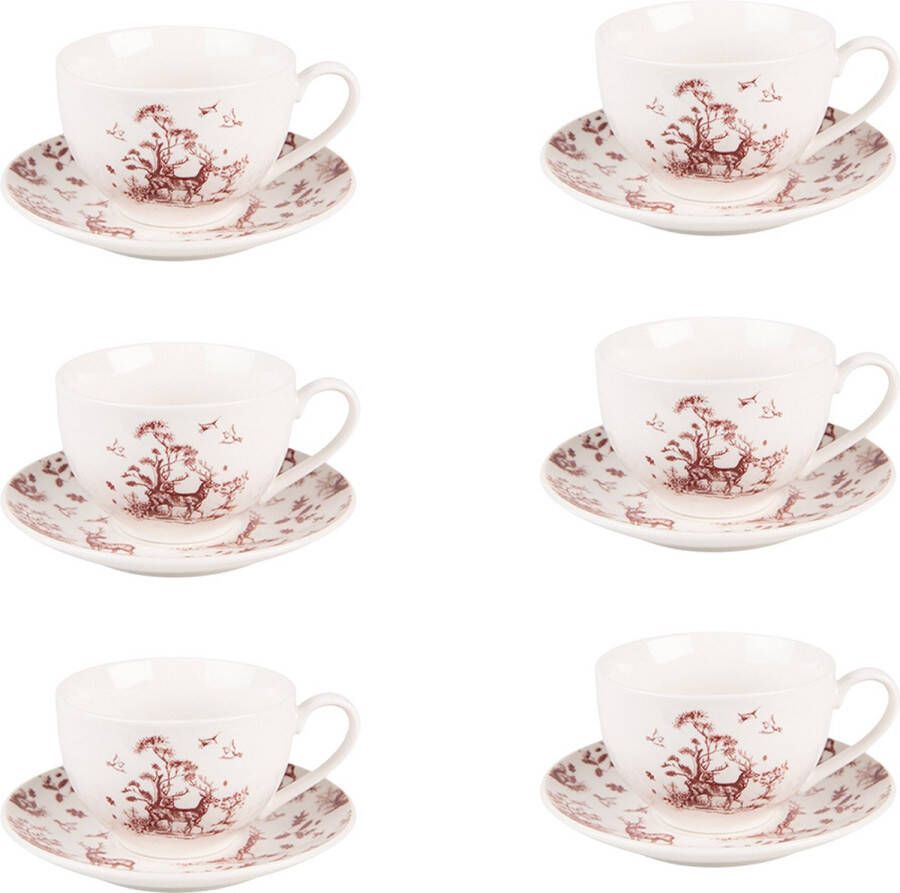 HAES deco Kop en Schotel set van 6 inhoud 200 ml kleuren Beige Rood Bedrukt Porselein met Rendieren en Bomen Theeservies Koffieservies Theekoppen Koffiekoppen Cappuccino