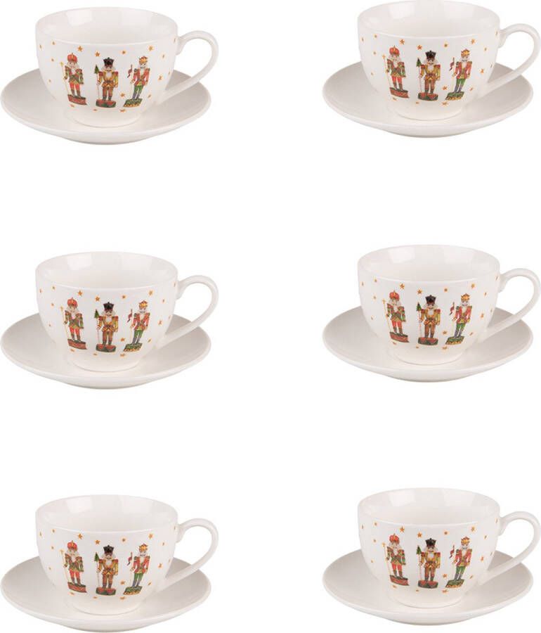 HAES deco Kop en Schotel set van 6 inhoud 200 ml kleuren Beige Rood Bruin Bedrukt Porselein met Notenkrakers Theeservies Koffieservies Kerstservies Theekoppen Koffiekoppen