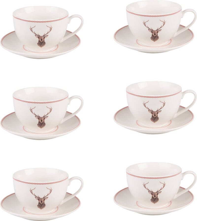 HAES deco Kop en Schotel set van 6 inhoud 200 ml kleuren Beige Wit Bedrukt Porselein met Hert Theeservies Koffieservies Kerstservies Theekoppen Koffiekoppen