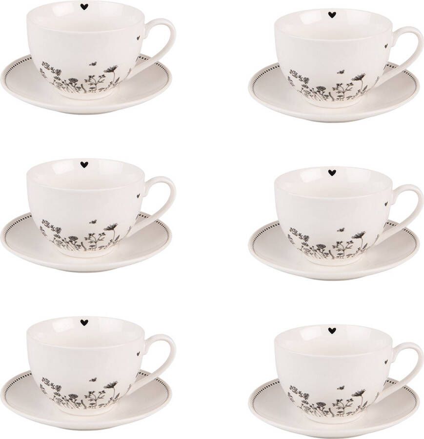 HAES deco Kop en Schotel set van 6 inhoud 200 ml kleuren Beige Zwart Wit Bedrukt Porselein met Bloemen Theeservies Koffieservies Theekoppen Koffiekoppen Cappuccino