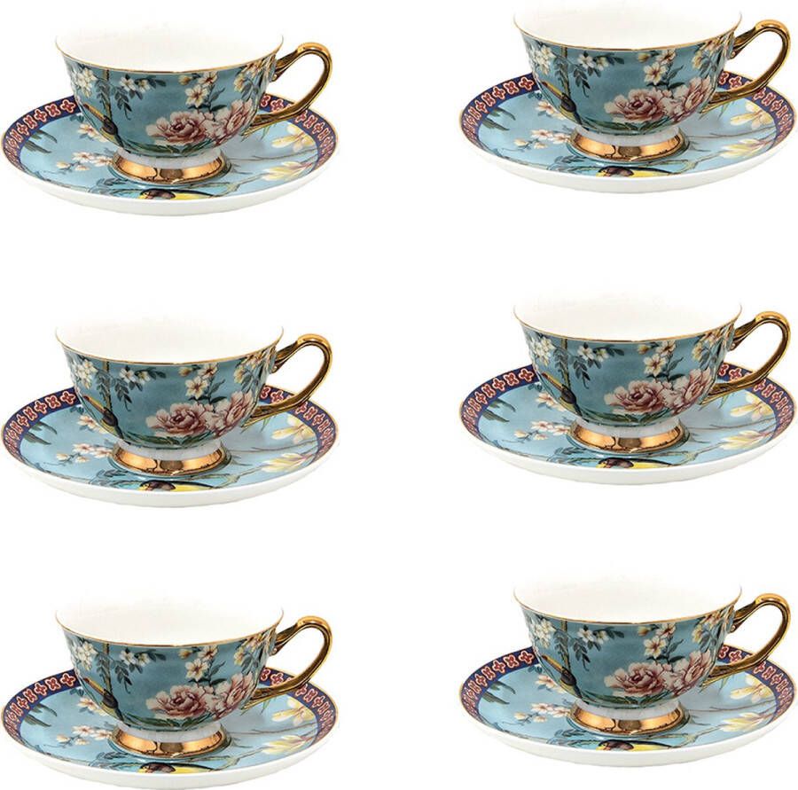 HAES deco Kop en Schotel set van 6 inhoud 200 ml kleuren Blauw Wit Roze Goudkleurig Bedrukt Porselein met Vogels Theeservies Koffieservies Theekoppen Koffiekoppen Cappuccino