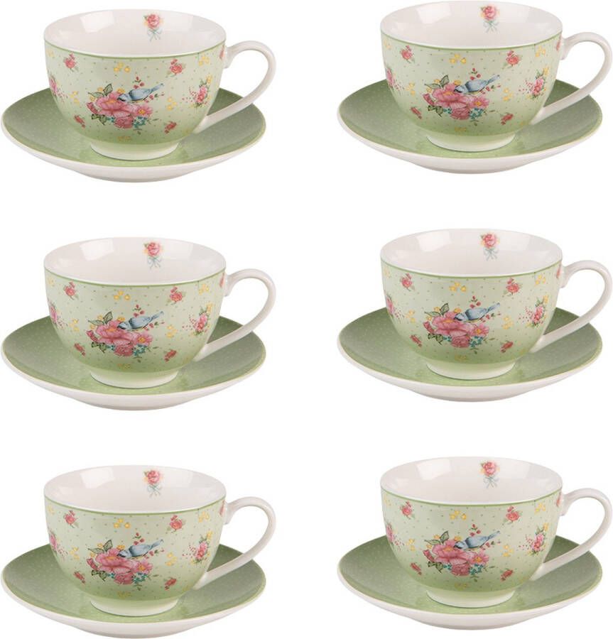 HAES deco Kop en Schotel set van 6 inhoud 200 ml kleuren Groen Beige Roze Bedrukt Porselein met Bloemen Theeservies Koffieservies Theekoppen Koffiekoppen Cappuccino