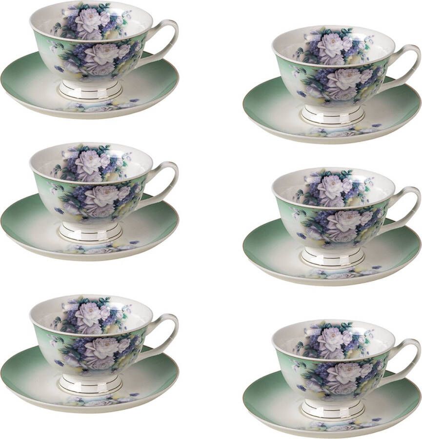 HAES deco Kop en Schotel set van 6 inhoud 200 ml kleuren Groen Blauw Roze Bedrukt Porselein met Bloemen Theeservies Koffieservies Theekoppen Koffiekoppen Cappuccino