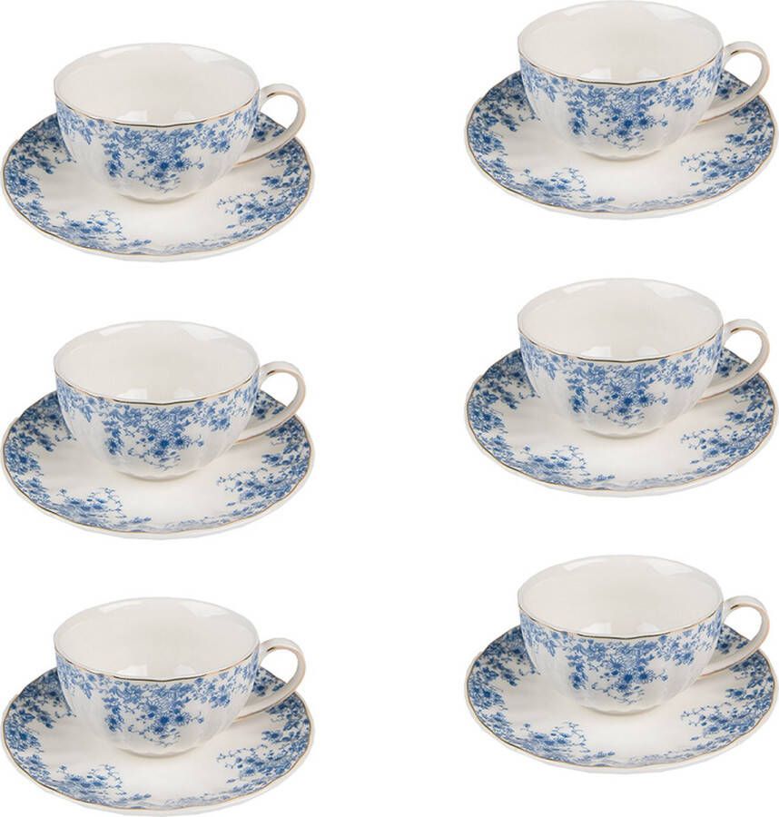 HAES deco Kop en Schotel set van 6 inhoud 200 ml kleuren Wit blauw Bedrukt Porselein met Bloemen Theeservies Koffieservies Theekoppen Koffiekoppen Cappuccino