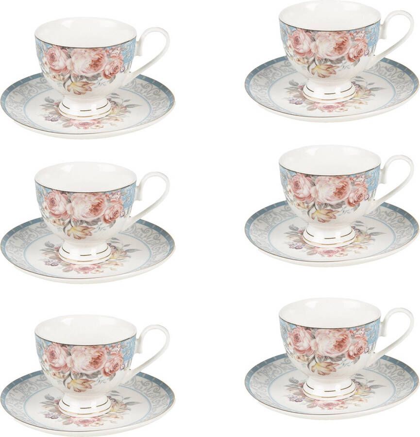 HAES deco Kop en Schotel set van 6 inhoud 200 ml kleuren Wit Blauw Roze Bedrukt Porselein met Bloemen Theeservies Koffieservies Theekoppen Koffiekoppen Cappuccino