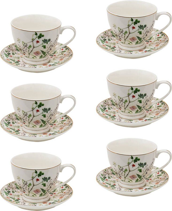 HAES deco Kop en Schotel set van 6 inhoud 200 ml kleuren Wit Groen Bedrukt Porselein met Bloemen Theeservies Koffieservies Theekoppen Koffiekoppen Cappuccino