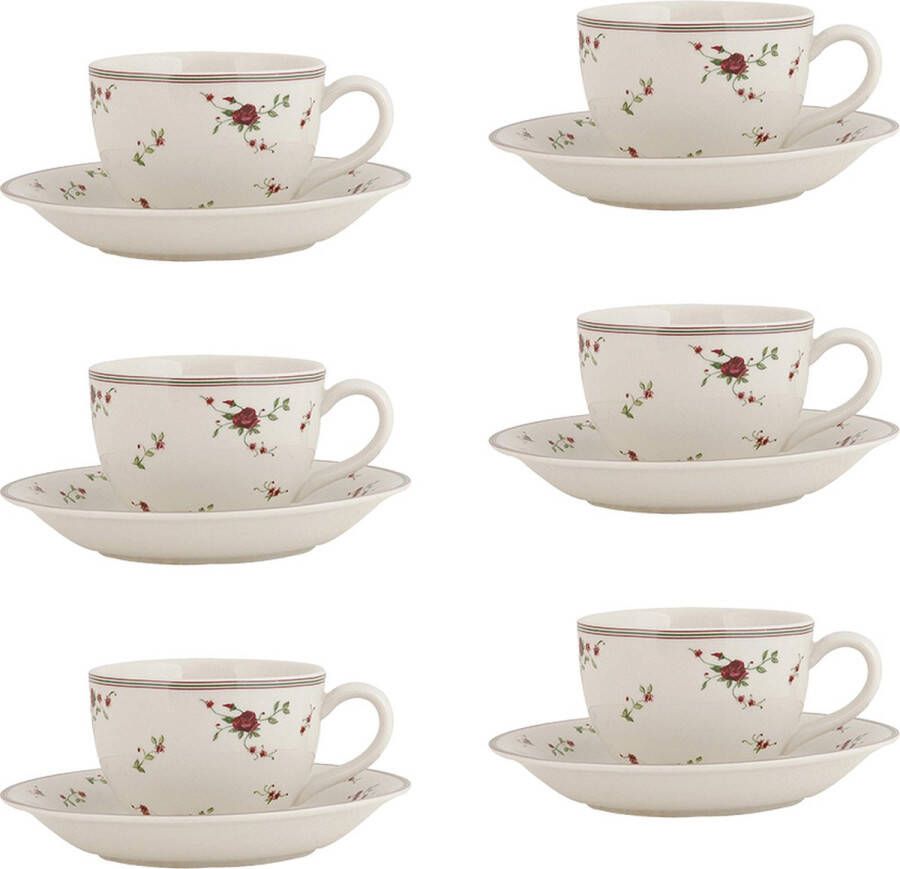 HAES deco Kop en Schotel set van 6 inhoud 200 ml kleuren Wit Rood Groen Bedrukt Keramiek met Bloemen Theeservies Koffieservies Theekoppen Koffiekoppen Cappuccino