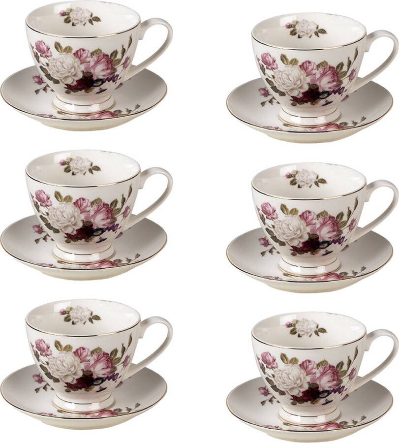 HAES deco Kop en Schotel set van 6 inhoud 200 ml kleuren Wit Roze Bedrukt Porselein met Bloemen Theeservies Koffieservies Theekoppen Koffiekoppen Cappuccino