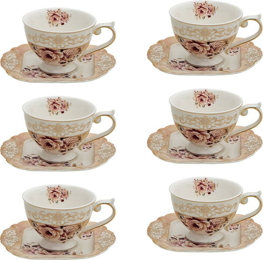 HAES deco Kop en Schotel set van 6 inhoud 200 ml kleuren Wit Roze Beige Bedrukt Porselein met Bloemen Theeservies Koffieservies Theekoppen Koffiekoppen Cappuccino