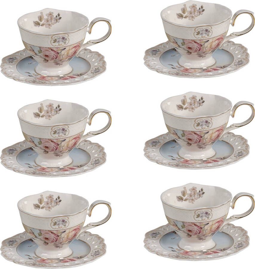 HAES deco Kop en Schotel set van 6 inhoud 200 ml kleuren Wit Roze Blauw Bedrukt Porselein met Bloemen Theeservies Koffieservies Theekoppen Koffiekoppen Cappuccino