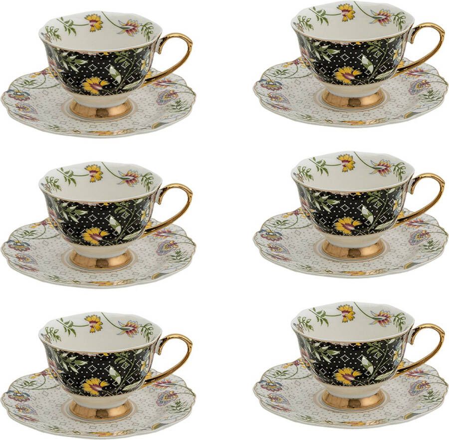 HAES deco Kop en Schotel set van 6 inhoud 200 ml kleuren Wit Zwart Goudkleurig Bedrukt Porselein met Bloemen Theeservies Koffieservies Theekoppen Koffiekoppen Cappuccino