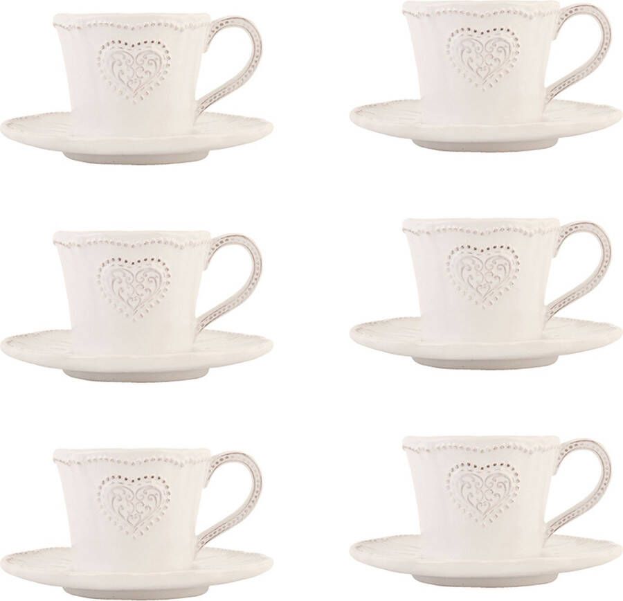 HAES deco Kop en Schotel set van 6 inhoud 220 ml kleur Beige Bedrukt Keramiek met Hart Theeservies Koffieservies Theekoppen Koffiekoppen Cappuccino