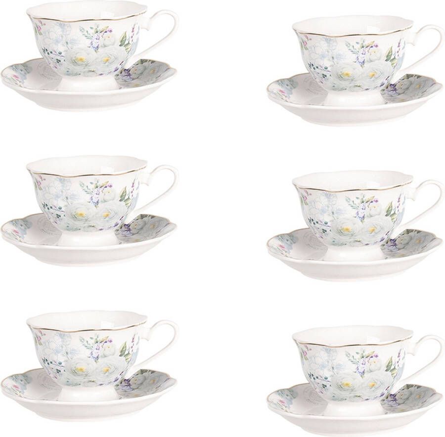 HAES deco Kop en Schotel set van 6 inhoud 220 ml kleuren Wit blauw Bedrukt Porselein met Bloemen Theeservies Koffieservies Theekoppen Koffiekoppen Cappuccino