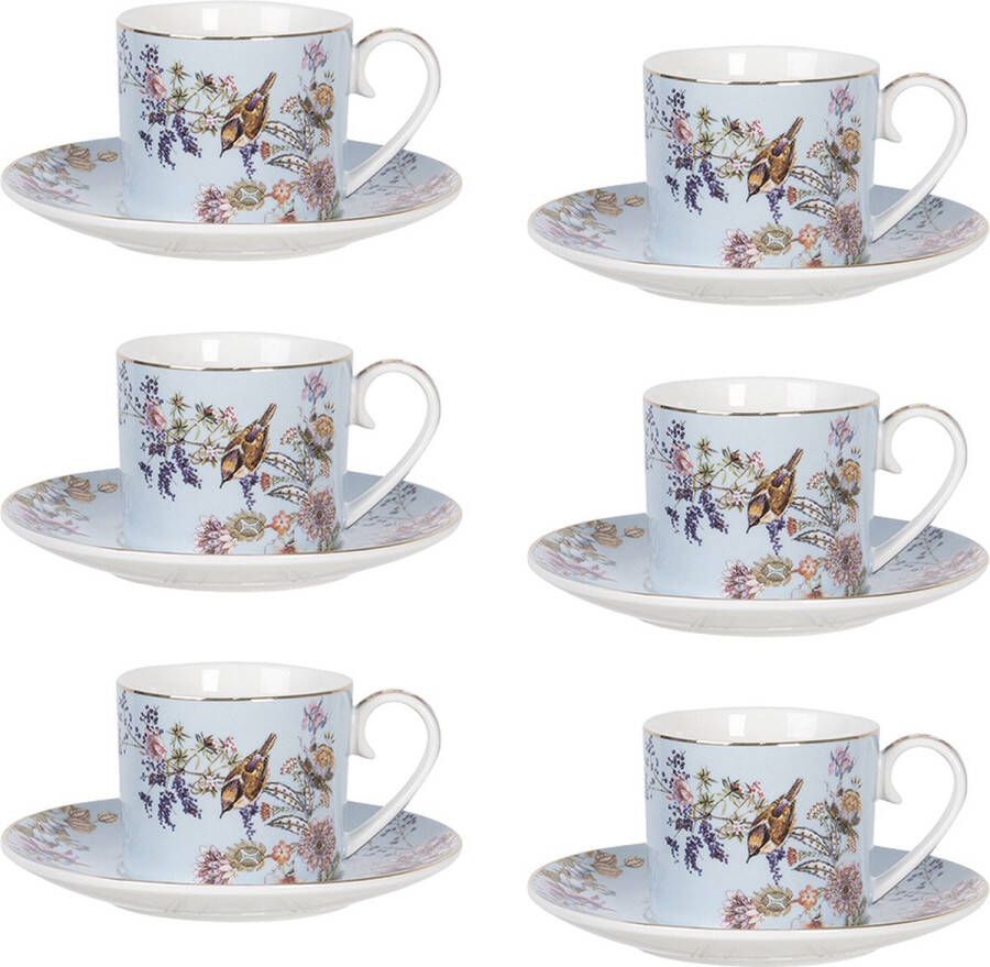 HAES deco Kop en Schotel set van 6 inhoud 220 ml kleuren Wit Blauw Roze Bedrukt Porselein met Bloemen Theeservies Koffieservies Theekoppen Koffiekoppen Cappuccino