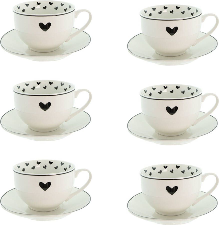 HAES deco Kop en Schotel set van 6 inhoud 220 ml kleuren Wit Zwart Bedrukt Porselein met Hartjes Theeservies Koffieservies Theekoppen Koffiekoppen Cappuccino