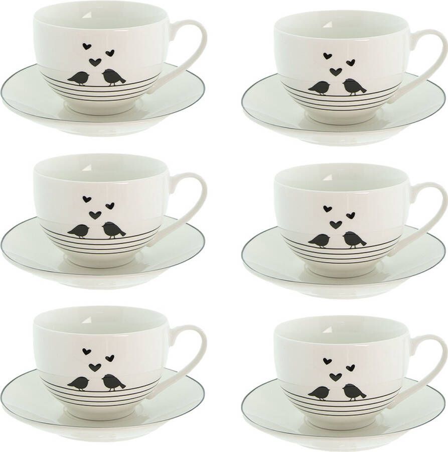 HAES deco Kop en Schotel set van 6 inhoud 220 ml kleuren Wit Zwart Bedrukt Porselein met Vogeltjes met hartje Theeservies Koffieservies Theekoppen Koffiekoppen Cappuccino