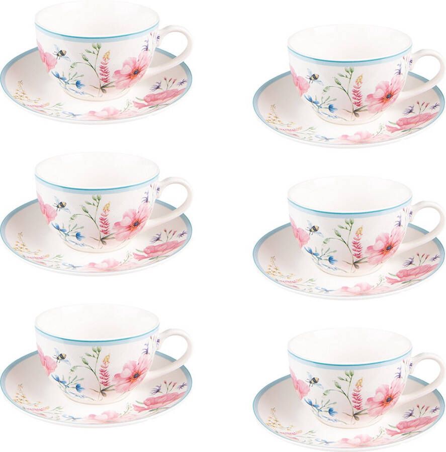 HAES deco Kop en Schotel set van 6 inhoud 230 ml kleuren Wit Roze Bedrukt Porselein met Bloemen Theeservies Koffieservies Theekoppen Koffiekoppen Cappuccino