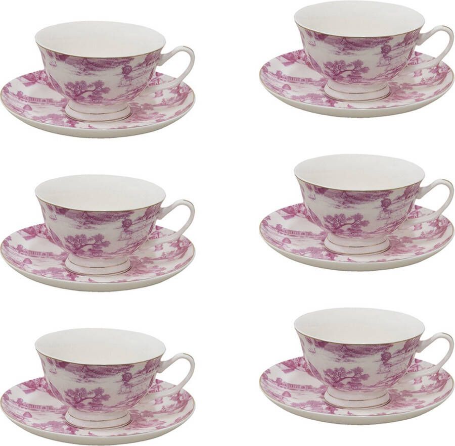 HAES deco Kop en Schotel set van 6 inhoud 250 ml kleuren Roze Wit Bedrukt Porselein met Bloemen Theeservies Koffieservies Theekoppen Koffiekoppen Cappuccino