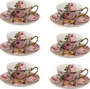 HAES deco Kop en Schotel set van 6 inhoud 250 ml kleuren Roze Wit Bedrukt Porselein met Bloemen Theeservies Koffieservies Theekoppen Koffiekoppen Cappuccino