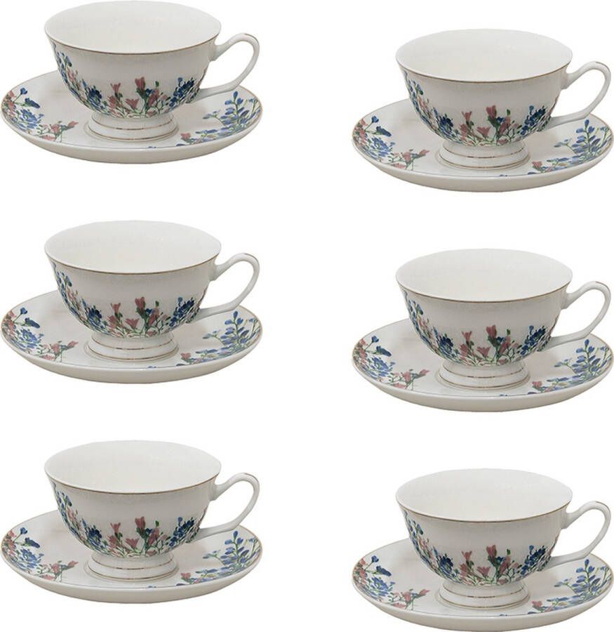 HAES deco Kop en Schotel set van 6 inhoud 250 ml kleuren Wit blauw Bedrukt Porselein met Bloemen Theeservies Koffieservies Theekoppen Koffiekoppen Cappuccino