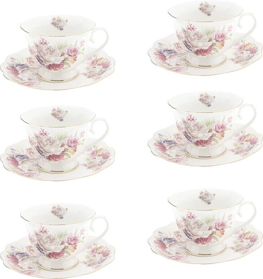 HAES deco Kop en Schotel set van 6 inhoud 250 ml kleuren Wit Roze Bedrukt Porselein met Bloemen Theeservies Koffieservies Theekoppen Koffiekoppen Cappuccino