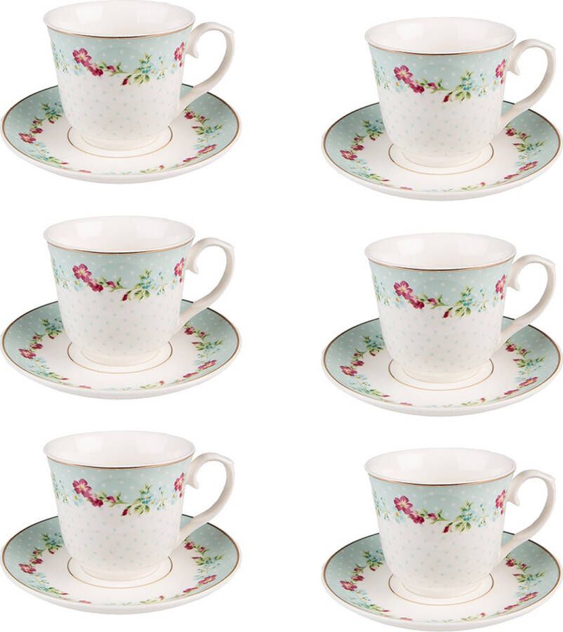 HAES deco Kop en Schotel set van 6 inhoud 250 ml kleuren Wit Roze Groen Blauw Bedrukt Porselein met Bloemen Theeservies Koffieservies Theekoppen Koffiekoppen Cappuccino