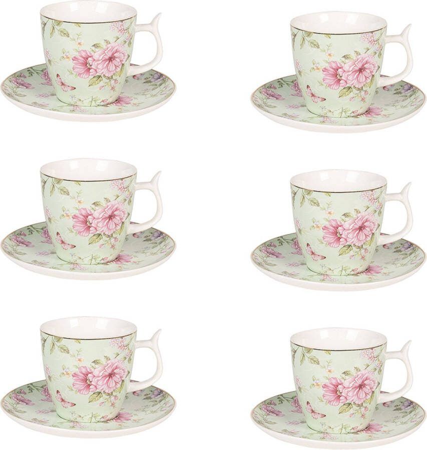 HAES deco Kop en Schotel set van 6 inhoud 60 ml kleuren Groen Roze Wit Bedrukt Porselein met Bloemen Theeservies Koffieservies Theekoppen Koffiekoppen Cappuccino