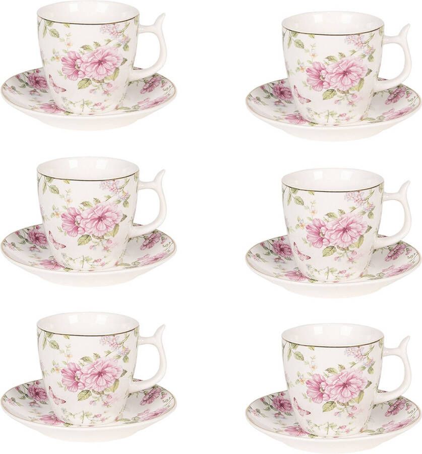 HAES deco Kop en Schotel set van 6 inhoud 60 ml kleuren Wit Roze Bedrukt Porselein met Bloemen Theeservies Koffieservies Theekoppen Koffiekoppen Cappuccino