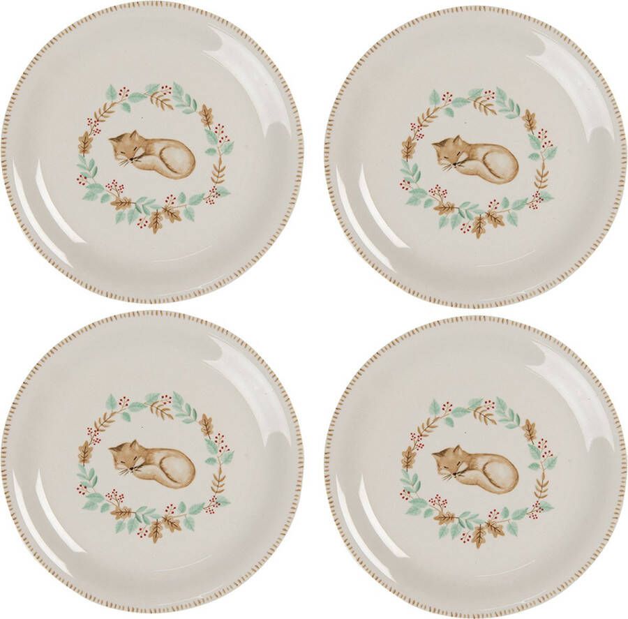 HAES deco Ontbijtborden set van 4 Formaat Ø 20x2 cm kleuren Beige Bedrukt Keramiek Collectie: Fox Servies kleine borden