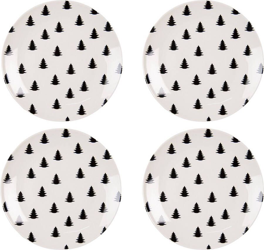 HAES deco Ontbijtborden set van 4 Formaat Ø 20x2 cm kleuren Beige Bedrukt Porselein Collectie: Black & white X-mas Servies kleine borden