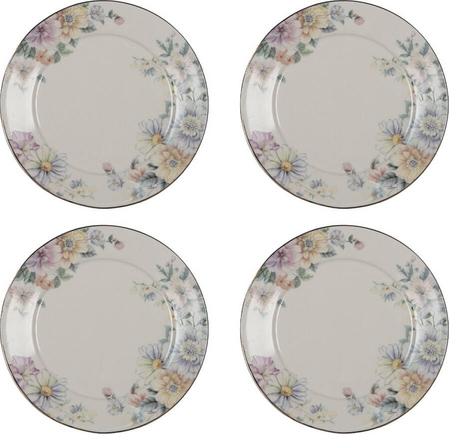 HAES deco Ontbijtborden set van 4 Formaat Ø 20x2 cm kleuren Beige Bedrukt Porselein Collectie: Flowers Servies kleine borden
