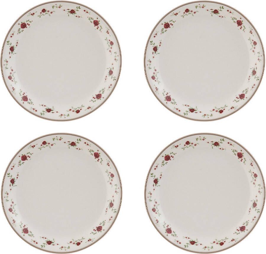 HAES deco Ontbijtborden set van 4 Formaat Ø 20x2 cm kleuren Beige Bedrukt Porselein Collectie: La Petite Rose Servies kleine borden