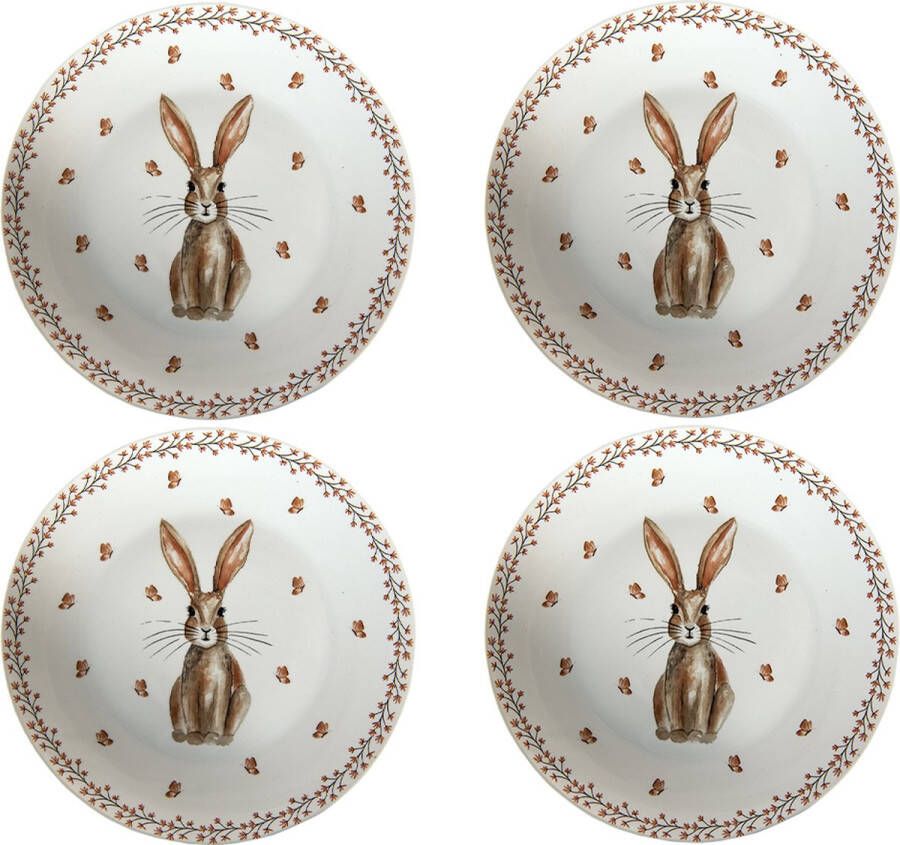 HAES deco Ontbijtborden set van 4 Formaat Ø 20x2 cm kleuren Beige Bedrukt Porselein Collectie: Rustic Easter Bunny Servies kleine borden