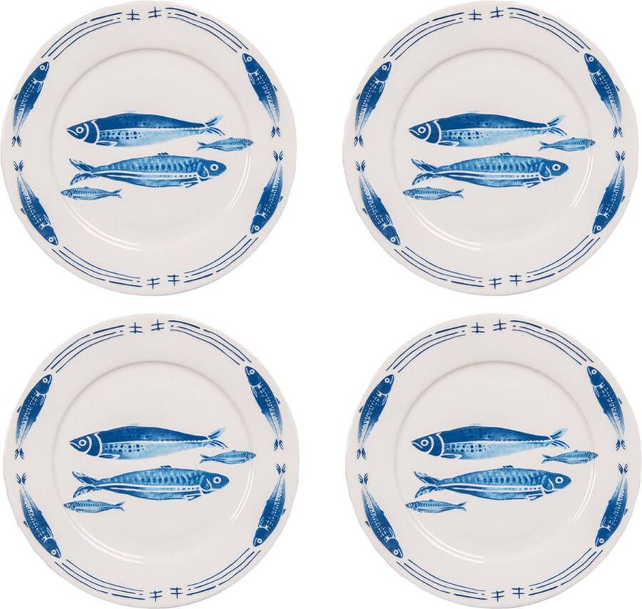HAES deco Ontbijtborden set van 4 Formaat Ø 20x2 cm kleuren Wit Bedrukt Porselein Collectie: Fishy Blue Servies kleine borden