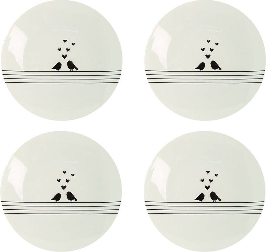 HAES deco Ontbijtborden set van 4 Formaat Ø 20x2 cm kleuren Wit Bedrukt Porselein Collectie: Love birds Servies kleine borden