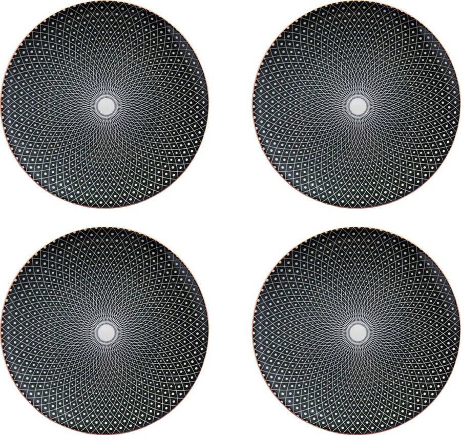 HAES deco Ontbijtborden set van 4 Formaat Ø 21x1 cm kleuren Zwart Bedrukt Aardewerk Collectie: Black Spiral Servies kleine borden