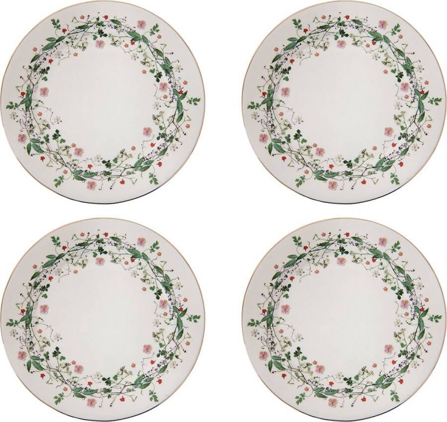 HAES deco Ontbijtborden set van 4 Formaat Ø 21x2 cm kleuren Groen Bedrukt Porselein Collectie: Flower wreath Servies kleine borden