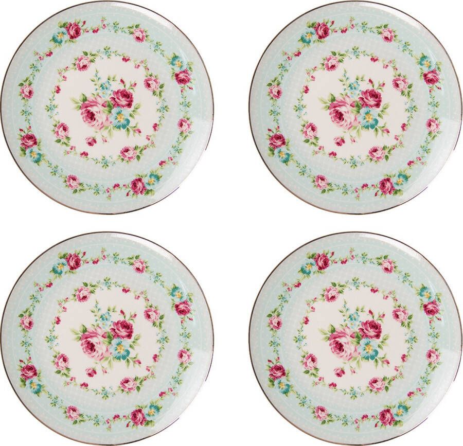 HAES deco Ontbijtborden set van 4 Formaat Ø 21x2 cm kleuren Groen Bedrukt Porselein Collectie: Pink Elegance Servies kleine borden