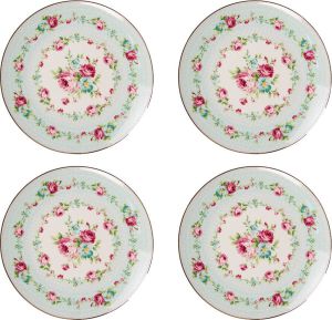 HAES deco Ontbijtborden set van 4 Formaat Ø 21x2 cm kleuren Groen Bedrukt Porselein Collectie: Pink Elegance Servies kleine borden