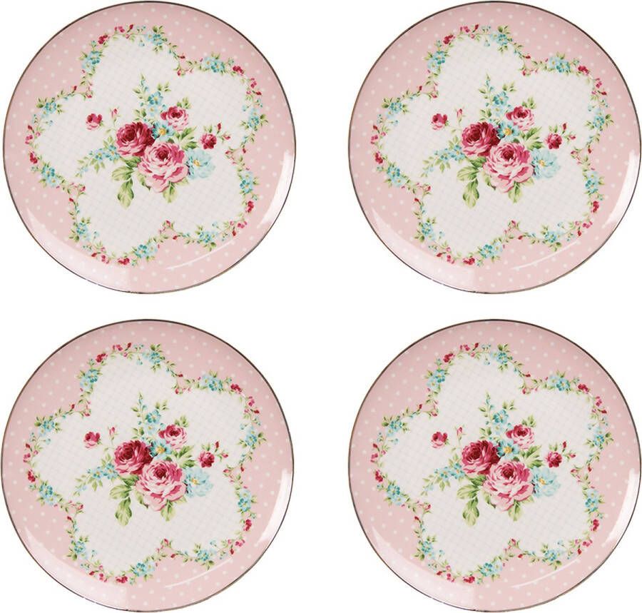 HAES deco Ontbijtborden set van 4 Formaat Ø 21x2 cm kleuren Roze Bedrukt Porselein Collectie: Pink Elegance Servies kleine borden