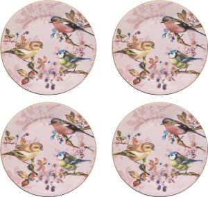 HAES deco Ontbijtborden set van 4 Formaat Ø 21x2 cm kleuren Roze Bedrukt Porselein Collectie: Three birds Servies kleine borden